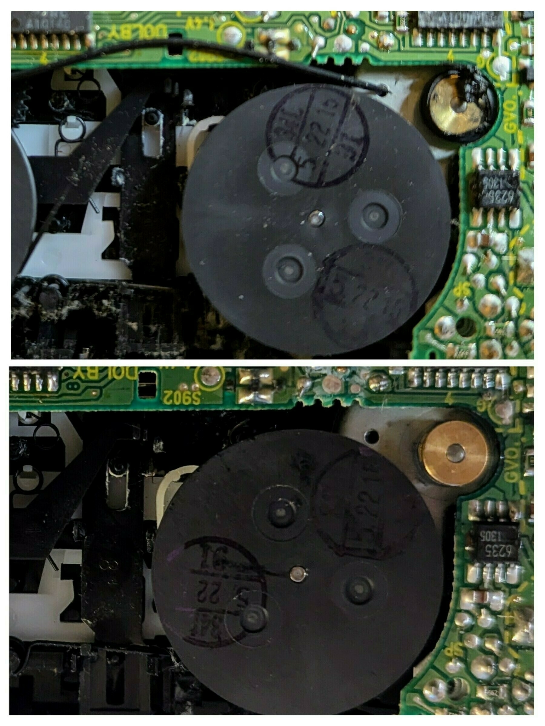 Before and after shots showing the cleaning process of the tape deck